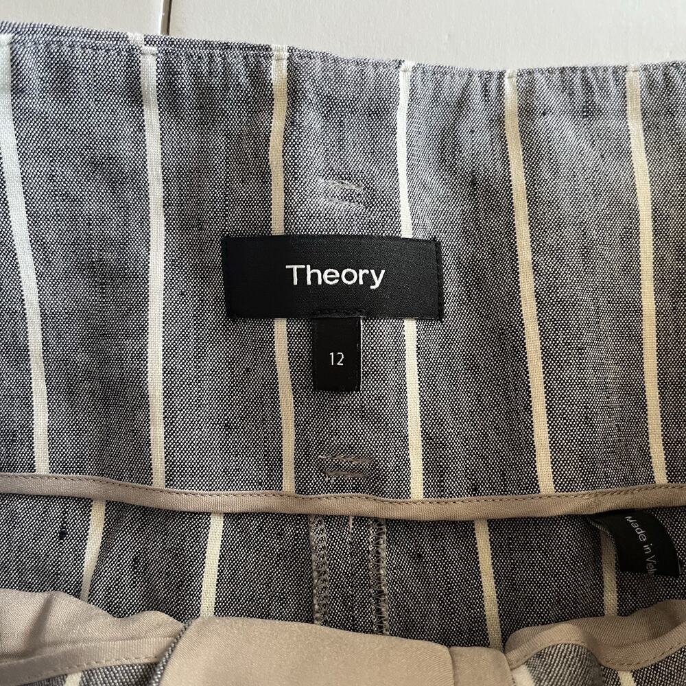 Theory Size 12 Wide Leg Belted Trousers Stripe Wither Linen Belt Pant Fl_ - Picture 7 of 9